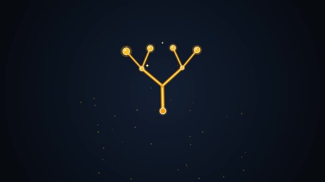 Golden abstract tree structure animation with glowing nodes on a dark blue background with motion graphic animation structure made connected mathematical