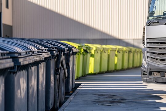 Heavy refuse truck beside a long row of yellow-green waste containers in a gritty warehouse yard for waste management and municipal services