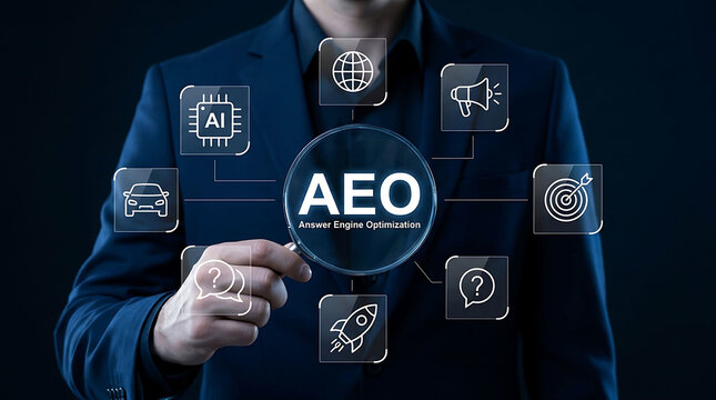 Businessman holding magnifying glass with AEO Answer Engine Optimization text