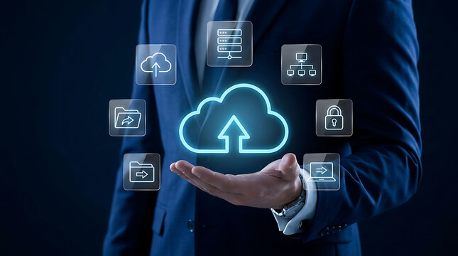 Businessman holding a glowing cloud computing icon with network and data symbols