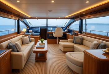 Obraz premium Luxury yacht interior wealth and travel lifestyle high-end nautical vacation modern boat lounge with leather sofas and ocean view from large windows