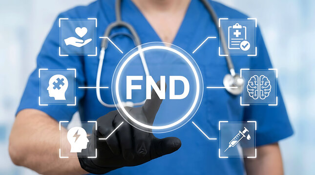 Medical professional touching FND acronym digital interface virtual screen
