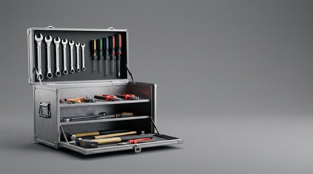 Professional toolbox with organized hand tools and accessories open on a neutral background