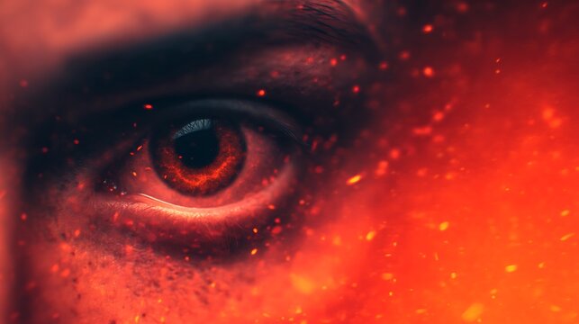 A close-up of a human eye glowing red with fiery specks surrounding it, creating an intense and dramatic effect.