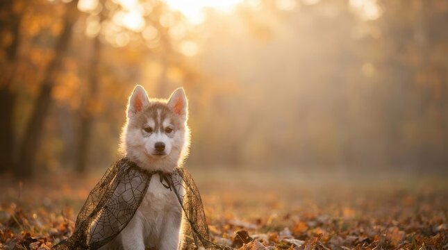 A cute husky puppy wearing a Halloween spiderweb cape sits in autumn leaves during golden hour