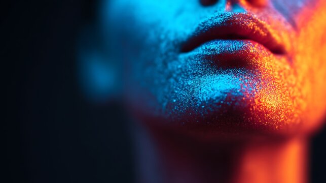 Close-up of a textured chin and lips illuminated by vibrant blue and orange lighting, creating a dramatic and artistic contrast.