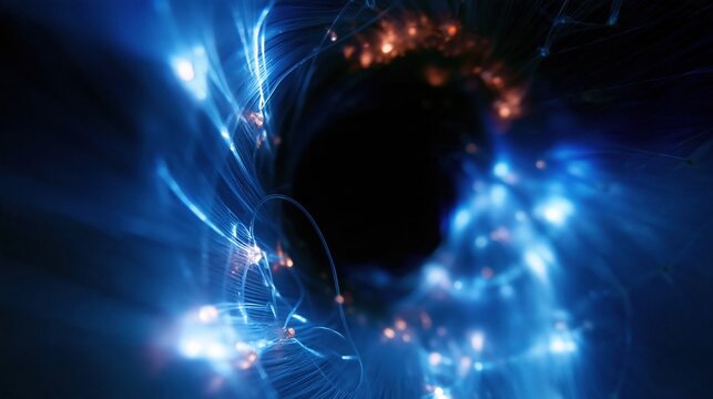 Glowing blue fibers spiraling into a dark tunnel with red beads, featuring a cool neon light and deep perspective for technology and data backgrounds