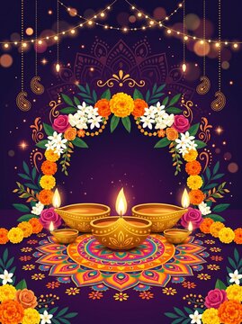 Elegant golden diya lamps vector illustration for Deepavali, decorated with colorful flowers and detailed rangoli mandala