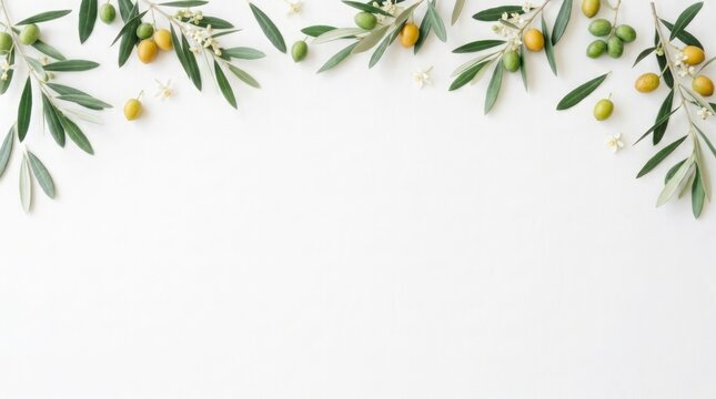 A beautiful arrangement of fresh olive branches with ripe olives displayed across the upper portion of a white backdrop