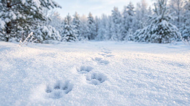 Animal paw prints in fresh snow on a winter forest trail  