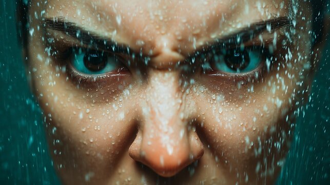 Intense close-up of a person's face with water droplets, showing fierce eyes and furrowed brows.