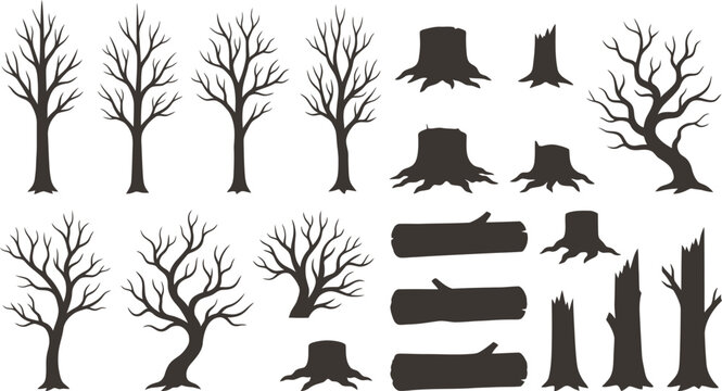 Bare Tree Stump Log and Branch Silhouette Collection for Forestry