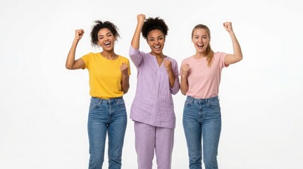 Obraz premium Three happy and diverse young women celebrate a victory together with arms raised high on a plain white background