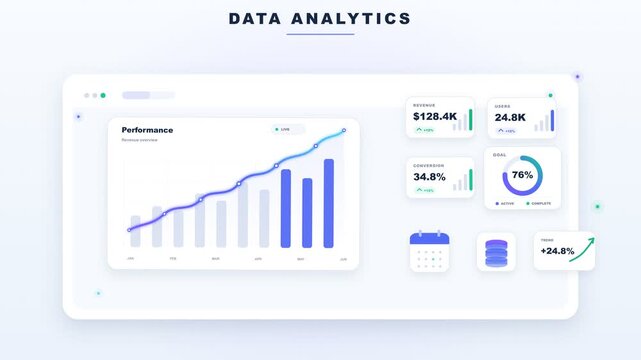 Data Analytics Dashboard, showing performance metrics and financial growth, including bar charts and progress indicators, minimalist white interface design, corporate presentation marketing tools.