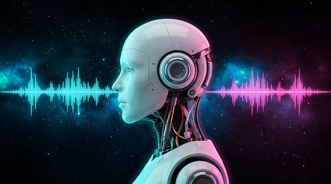 A futuristic robot head with sound wave audio visualization in outer space