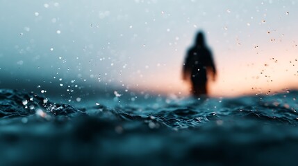 Obraz premium A blurred silhouette of a person stands in water with droplets in the foreground, set against a soft gradient sky at dusk or dawn.