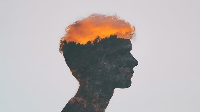 A double exposure silhouette of a person's profile with a sunset sky and tree line blending into the head area.