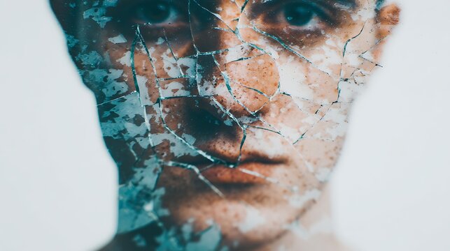 A close-up of a man's face with a cracked, peeling texture overlay, blending human features with a weathered, fragmented surface.