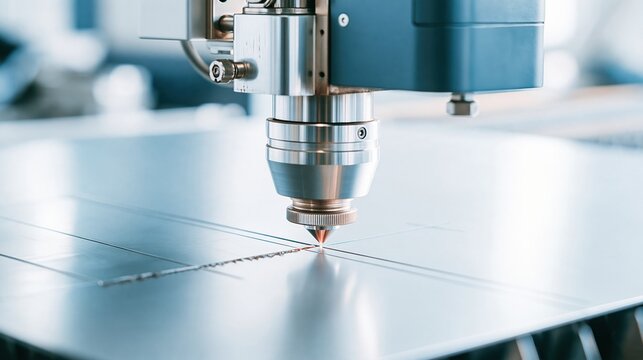 Laser cutting nozzle tracing a precise red line on a cool grey metal sheet, featuring a brushed metallic finish for industrial manufacturing