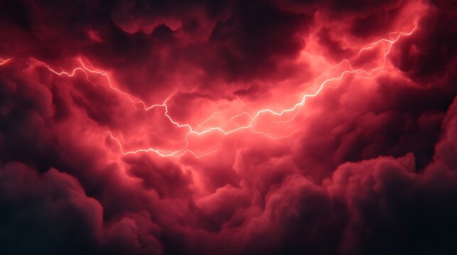 Intense red storm clouds illuminated by jagged lightning bolts creating a dramatic and powerful atmospheric scene.