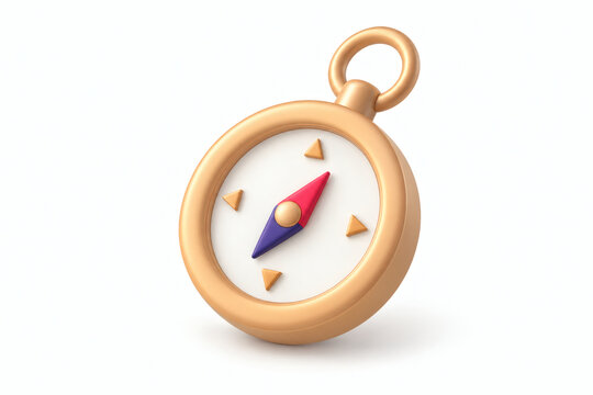 Gold compass 3d icon isolated on white background, navigation and travel concept, cute cartoon style direction finder