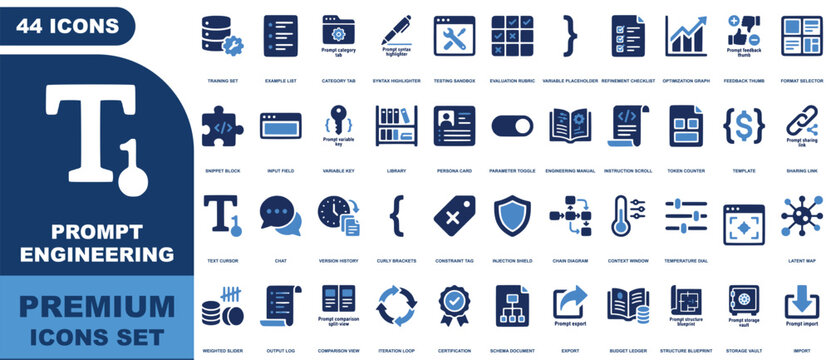 Set of 44 blue and dark gray prompt engineering icons featuring text cursor, variables, chat, and training set symbols