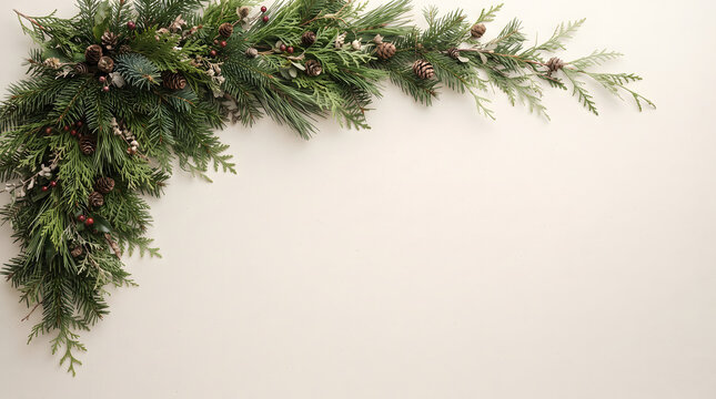 Elegant evergreen boughs and pine needles frame a bright white background for text