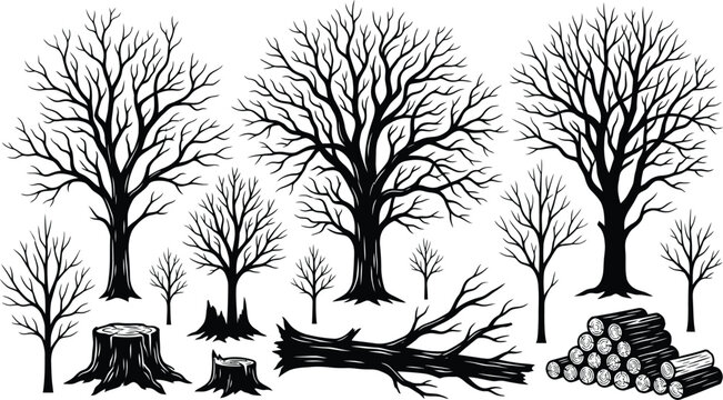 Bare Tree Stump Fallen Log and Firewood Silhouette Collection Elements