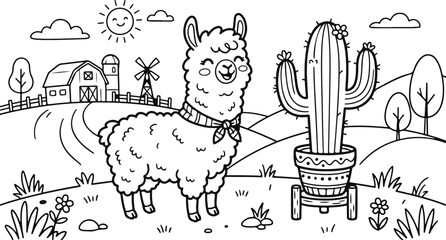 Fototapeta premium Cute llama wearing a scarf standing beside a potted cactus in a farm landscape