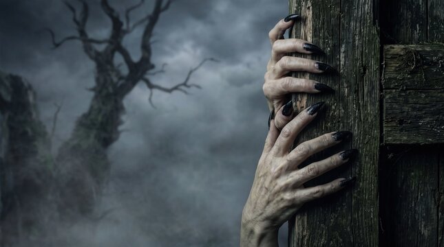 Creepy witch hands with long black nails gripping old wooden wall in dark haunted forest