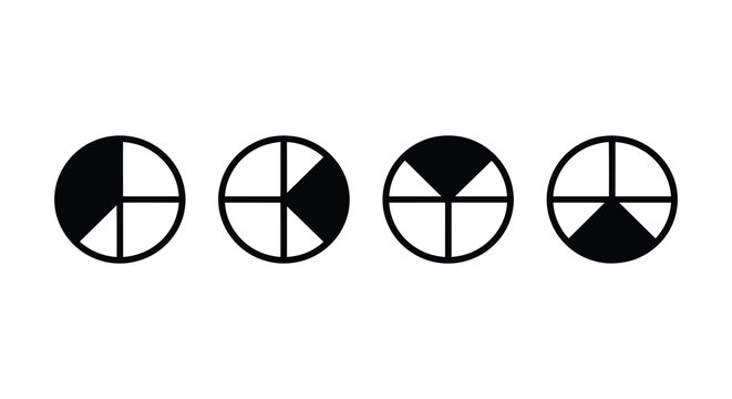 Circular divided shapes with black quadrants on a white background