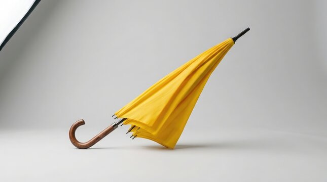A vibrant bright yellow umbrella is leaning casually against a simple neutral background in a clean studio environment