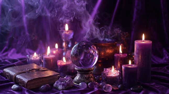 Crystal ball with purple candles and mystical witchcraft ritual objects