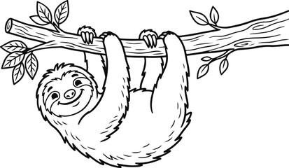 Fototapeta premium Cute sloth hanging from a tree branch line art illustration