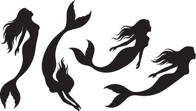 Black silhouette set of beautiful swimming mermaids

A collection of black silhouettes featuring beautiful mermaids in various swimming poses, perfect for creative design and fantasy projects.