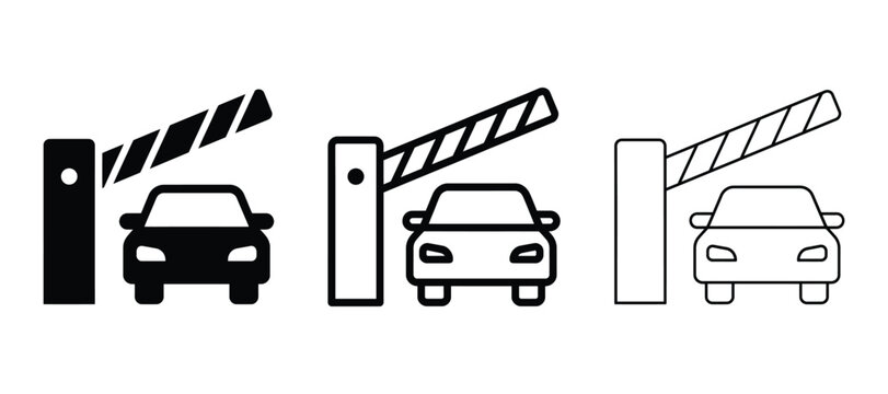 Set of three toll booth icons with barrier gate and car, flat vector design