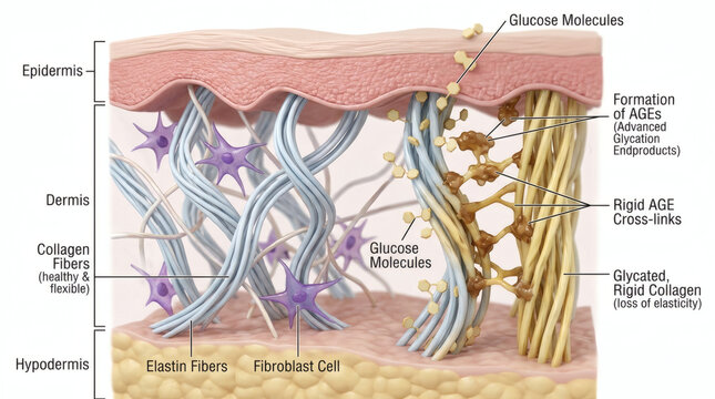 Scientific diagram showing glycation damaging collagen fibers in human skin
