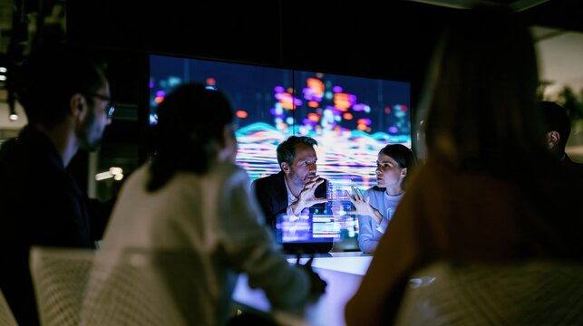 Colleagues in a meeting discussing data strategy around a glowing holographic interface with vivid neon lights for business and technology