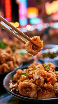 Deep-fried crunchy pork intestines, Asian street food market, neon lights background, bokeh