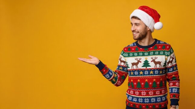 Happy smiling man in a santa hat and a colorful christmas sweater presenting with an open hand gesture