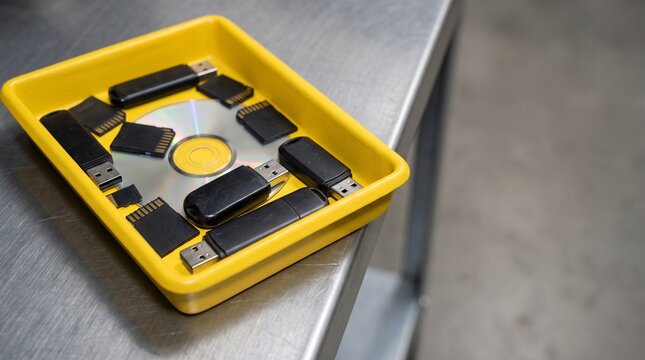 Collected flash drives and cards in a safety tray