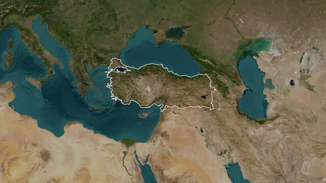 Turkey country map appearing on earth satellite motion video footage