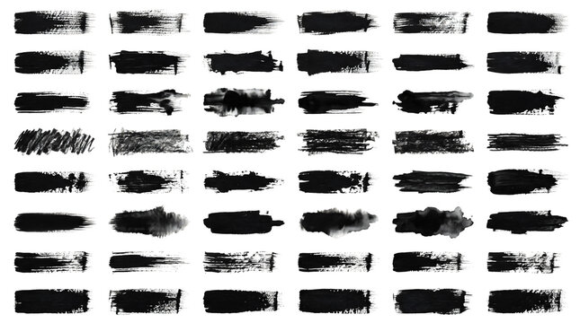 Collection of Diverse Black Paint Brush Strokes and Textures.
