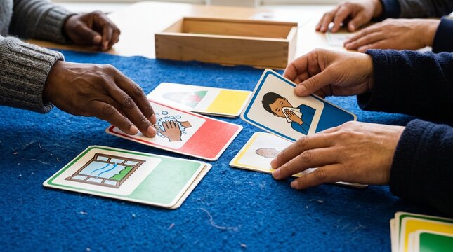 Hands sort flu prevention cards for language learning