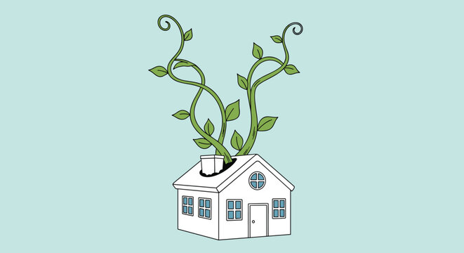 Magical beanstalk vines growing out of the roof and chimney of a small white cottage under a soft blue sky.