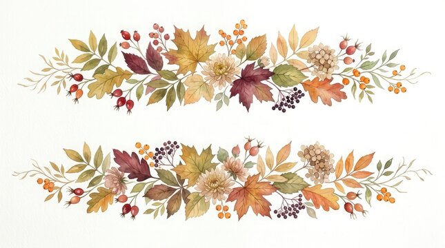 Beautiful watercolor painting of an autumn foliage border featuring colorful leaves and bright red berries on a clean white backdrop