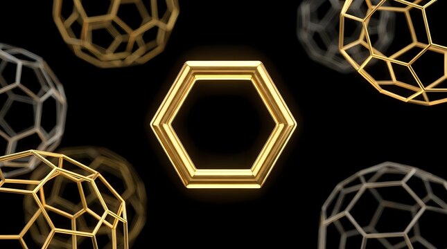 Glowing golden hexagon and geometric wireframe spheres floating on dark background