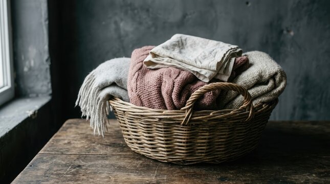 A comfortable woven wicker basket is filled with many soft and warm blankets and cozy throws by a window