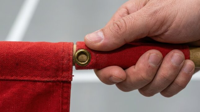 Close up of a hand holding a wooden pole with a red fabric flag attached via a metal grommet