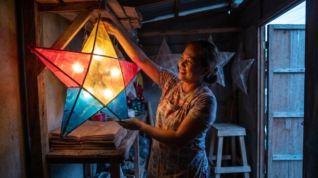 Artisan tests a glowing parol lantern at dusk